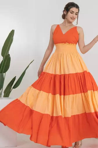 Orange color block cotton tiered maxi dress for women
