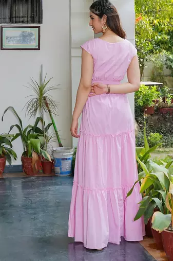 Pink solid cotton smocked maxi dress for women