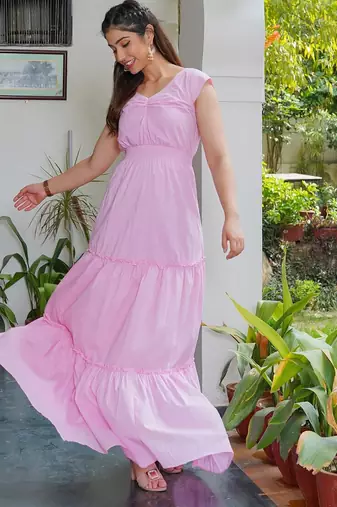 Pink solid cotton smocked maxi dress for women