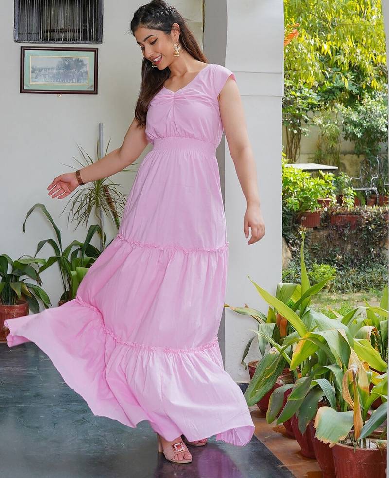 Pink solid cotton smocked maxi dress for women