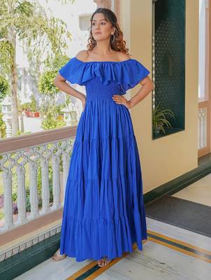 Blue solid cotton tiered maxi dress for women 1