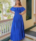 Blue solid cotton tiered maxi dress for women
