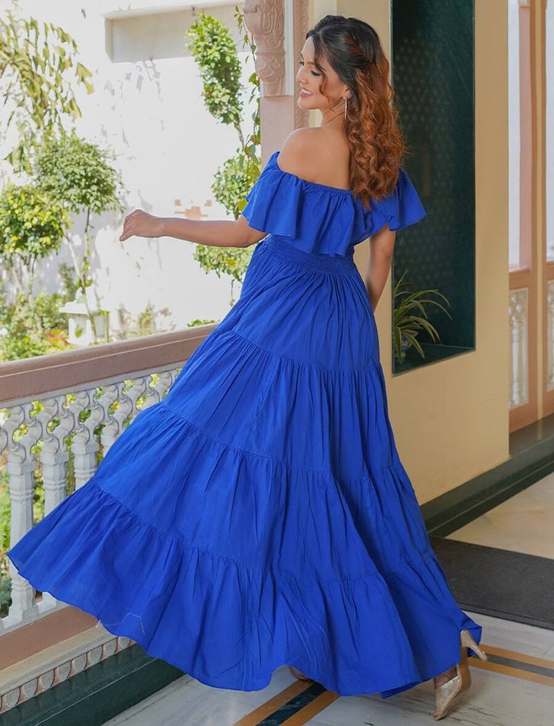 Blue solid cotton tiered maxi dress for women