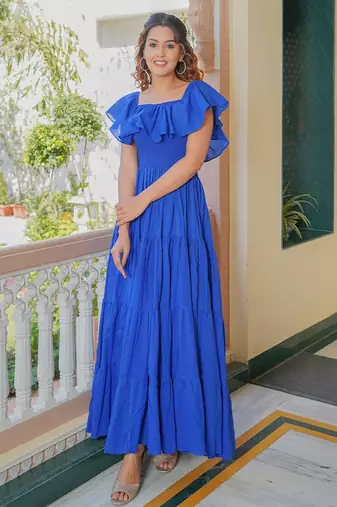 Blue solid cotton tiered maxi dress for women