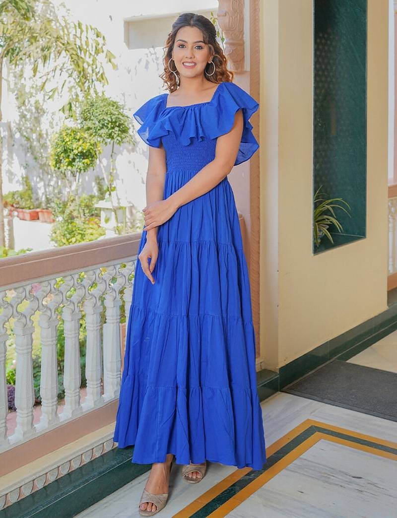 Blue solid cotton tiered maxi dress for women