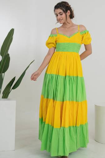 Yellow & green color block cotton tiered maxi dress for women