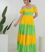 Yellow & green color block cotton tiered maxi dress for women