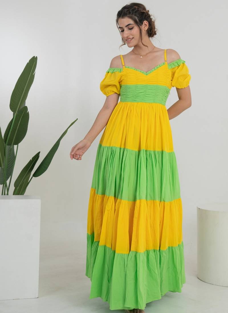 Yellow & green color block cotton tiered maxi dress for women