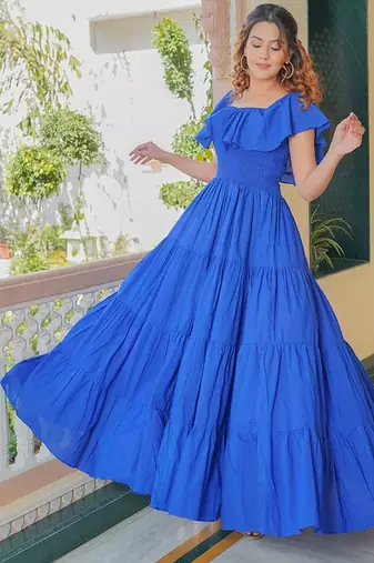 Blue solid cotton tiered maxi dress for women