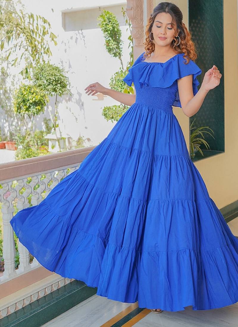 Blue solid cotton tiered maxi dress for women