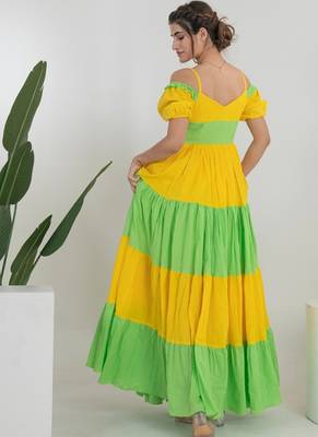 Yellow & green color block cotton tiered maxi dress for women 2