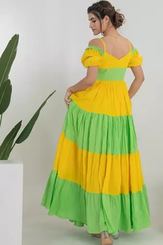 Yellow & green color block cotton tiered maxi dress for women