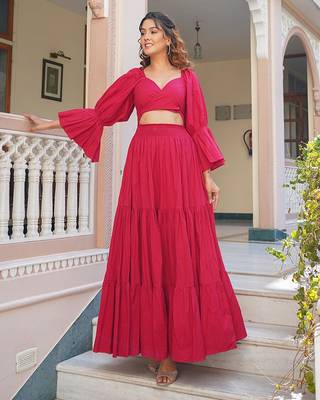 Magenta solid cotton tiered maxi dress for women 1