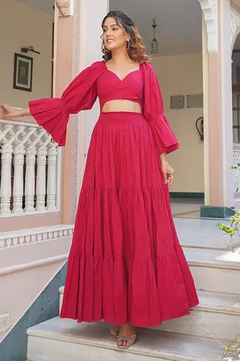 Magenta solid cotton tiered maxi dress for women