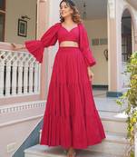Magenta solid cotton tiered maxi dress for women