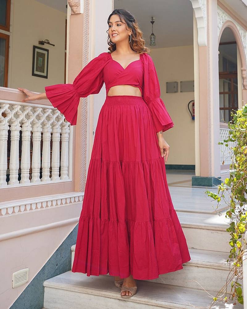 Magenta solid cotton tiered maxi dress for women