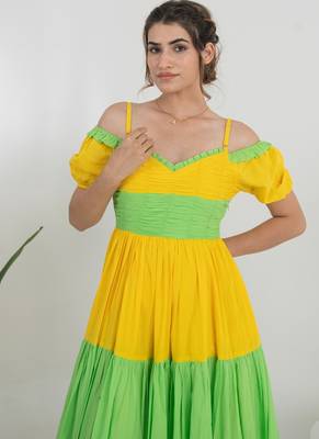 Yellow & green color block cotton tiered maxi dress for women 3