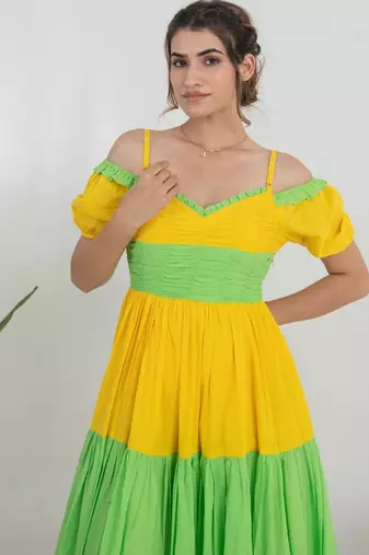 Yellow & green color block cotton tiered maxi dress for women