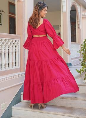 Magenta solid cotton tiered maxi dress for women 2