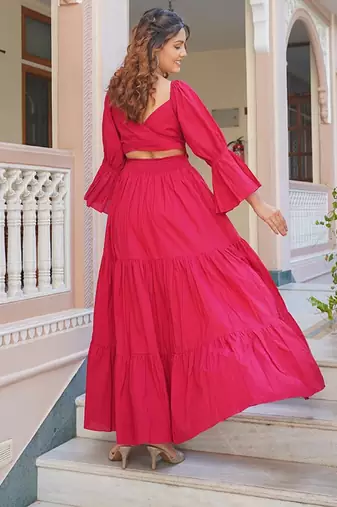 Magenta solid cotton tiered maxi dress for women