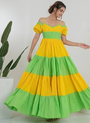 Yellow & green color block cotton tiered maxi dress for women 4
