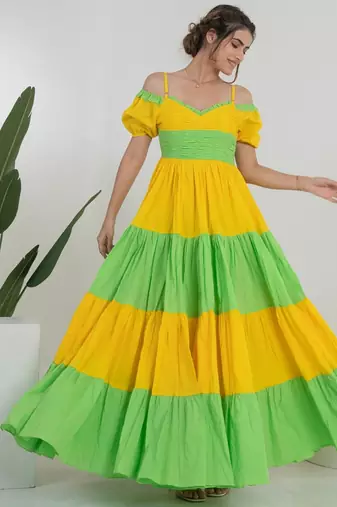Yellow & green color block cotton tiered maxi dress for women