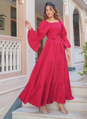 Magenta solid cotton tiered maxi dress for women 3
