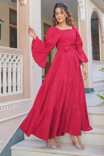 Magenta solid cotton tiered maxi dress for women