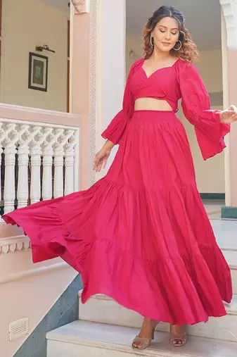 Magenta solid cotton tiered maxi dress for women