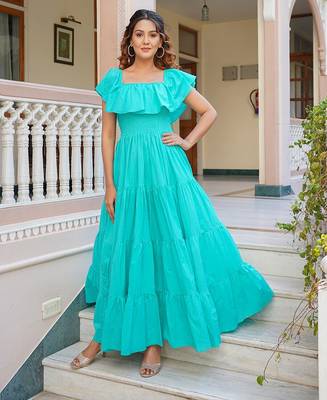 Turquoise solid cotton tiered maxi dress for women 1