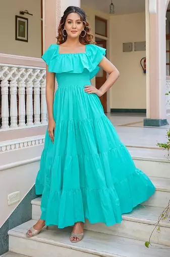 Turquoise solid cotton tiered maxi dress for women