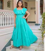 Turquoise solid cotton tiered maxi dress for women