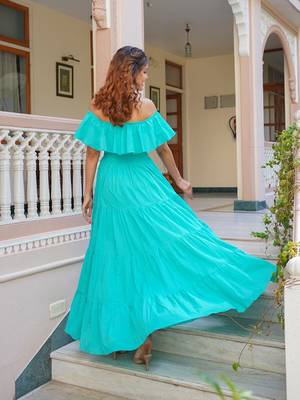 Turquoise solid cotton tiered maxi dress for women 2