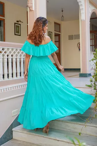 Turquoise solid cotton tiered maxi dress for women