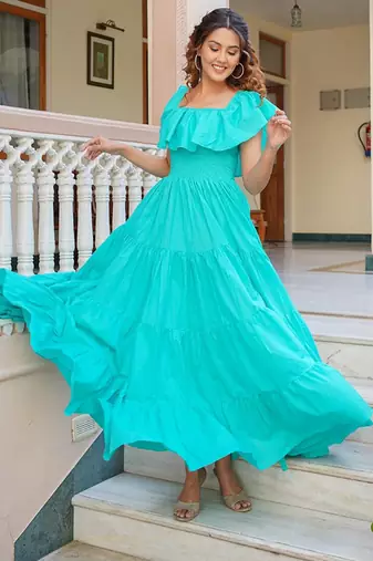Turquoise solid cotton tiered maxi dress for women