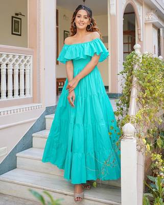 Turquoise solid cotton tiered maxi dress for women 4