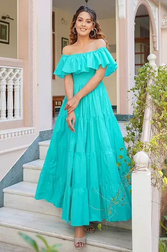 Turquoise solid cotton tiered maxi dress for women