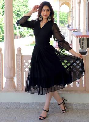 Black ruffled georgette fit & flare midi dress for women 1