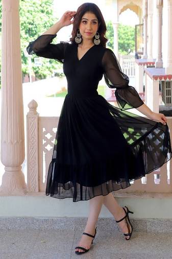 Black ruffled georgette fit & flare midi dress for women