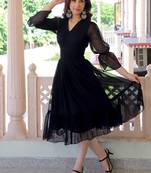 Black ruffled georgette fit & flare midi dress for women