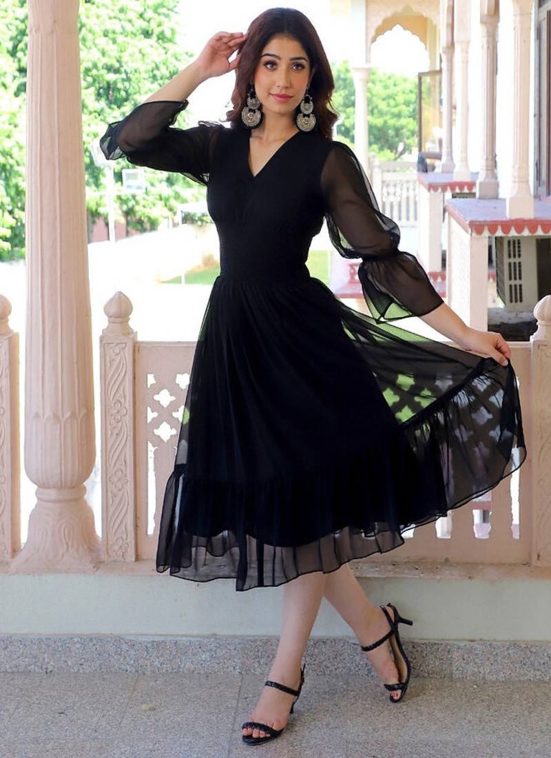 Black ruffled georgette fit & flare midi dress for women