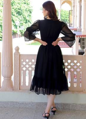 Black ruffled georgette fit & flare midi dress for women 2