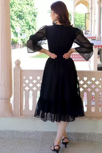 Black ruffled georgette fit & flare midi dress for women
