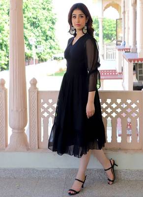 Black ruffled georgette fit & flare midi dress for women 3