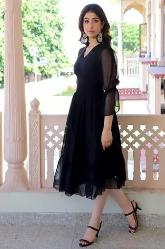 Black ruffled georgette fit & flare midi dress for women