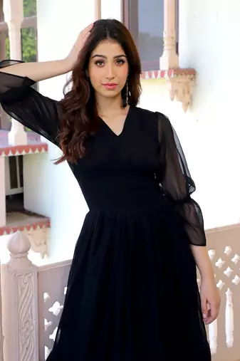 Black ruffled georgette fit & flare midi dress for women