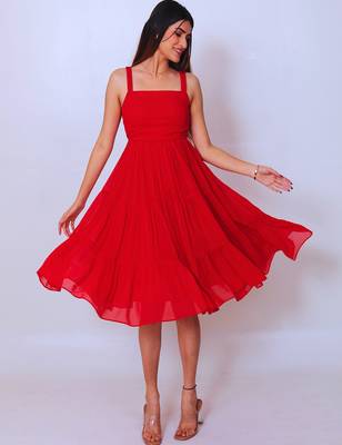 Red solid georgette fit & flare midi dress for women 1