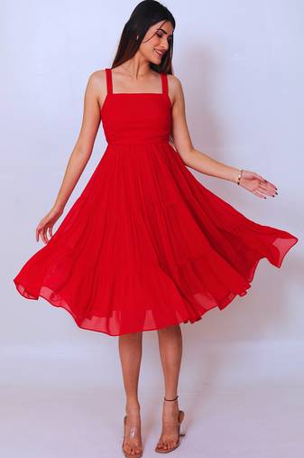 Red solid georgette fit & flare midi dress for women