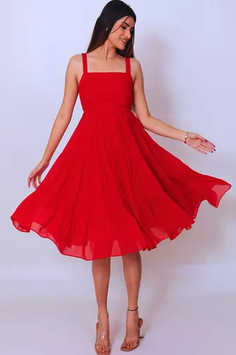 Red solid georgette fit & flare midi dress for women