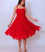 Red solid georgette fit & flare midi dress for women